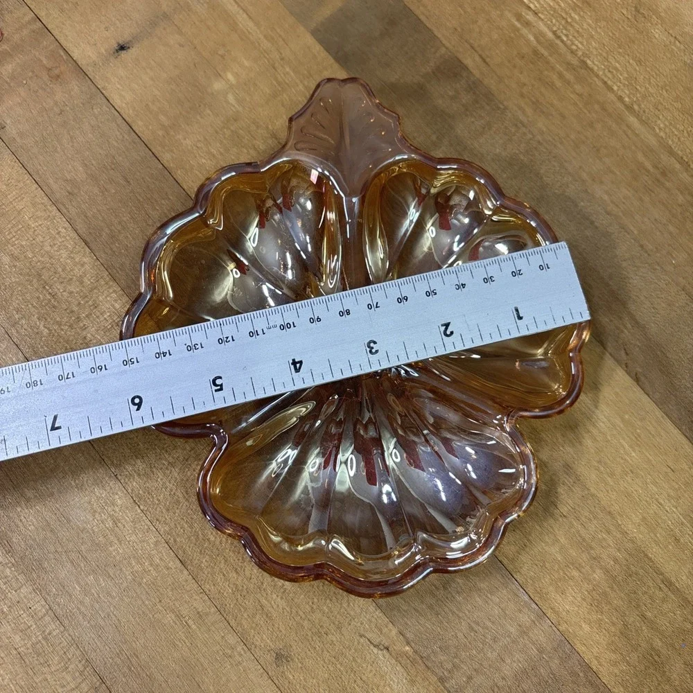 Vintage Jeannette Glass Marigold Carnival 3 Leaf Clover Divided Candy Nut Dish
